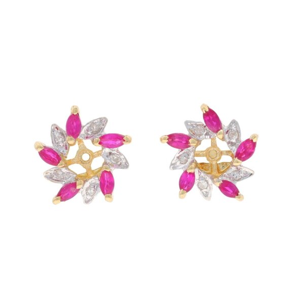 Yellow Gold Ruby Diamond Earring Enhancers 14k Marq .36ctw Floral Stud Jackets - Picture 1 of 5